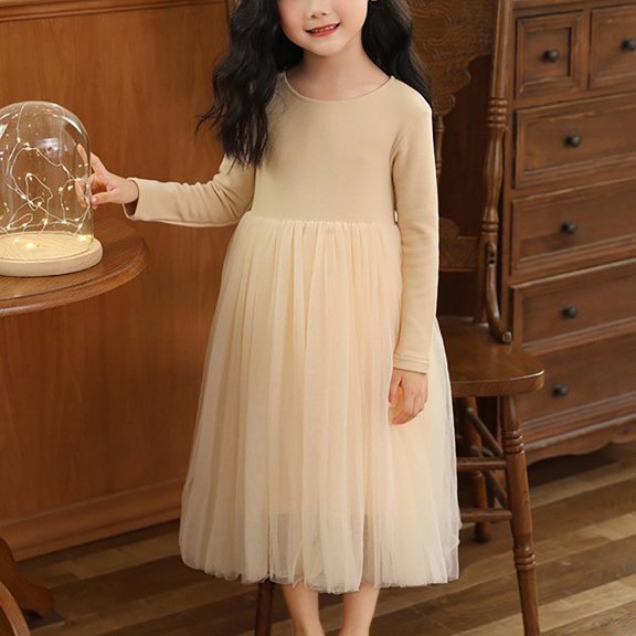 ATOGUTA Tutu Dress for Girls Tulle Fall Winter Long Sleeve Ruffle Holiday Party Dress Beige, Size 4T-16
