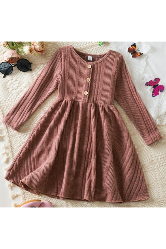 Tutu Dresses for Girls Fall Knitted Long Sleeves Casual Sweater Dresses for Girls Brown, Size 2T-8