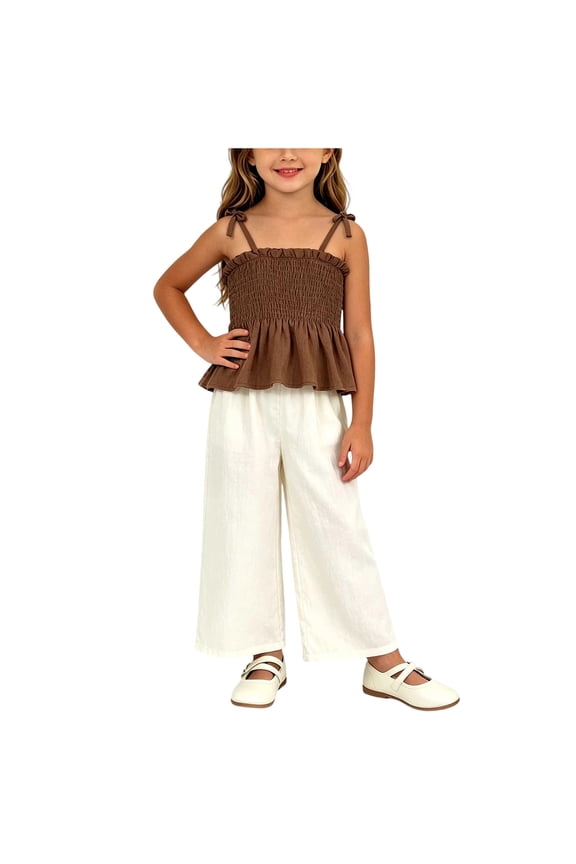 Tween Girls Outfits Ruffle Sleeveless Tank Tops and Wide Leg Pants 2 Piece Outfits Activewear Sets Size 2T-8, Brown