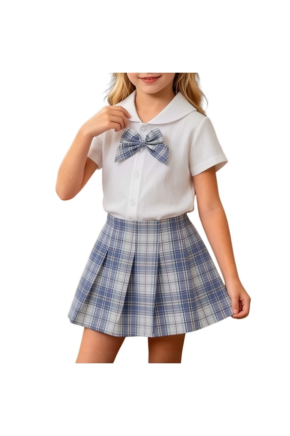Two Piece Skirt Set for Girls School Uniform Shirts Pleated Skirt Tween Girl Trendy Summer Outfit Kid Clothing Se Size 0-13, Blue