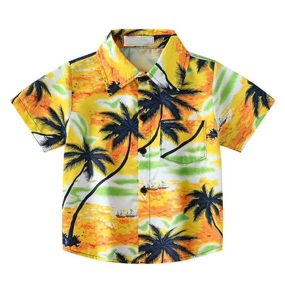 ATOGUTA Uniform Shirts for Boys Short Sleeve Button Down Shirt Summer Beach Shirts for Kids Yellow, Sizes 2T-12