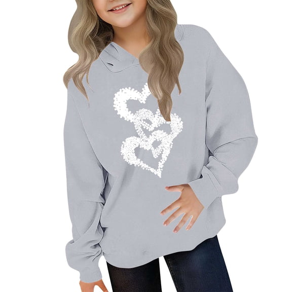 ATOGUTA Valentine's Day Sweatshirt for Girls Hooded Heart Sweatshirt Fall Winter Kid Long Sleeve Shirt Pullover Top Size 3T-14, Gray