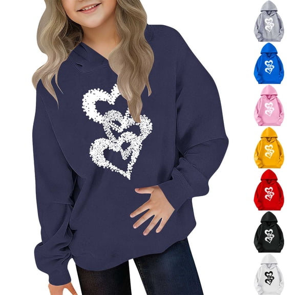 ATOGUTA Valentine's Day Sweatshirt for Girls Hooded Heart Sweatshirt Fall Winter Kid Long Sleeve Shirt Pullover Top Size 3T-14, Navy