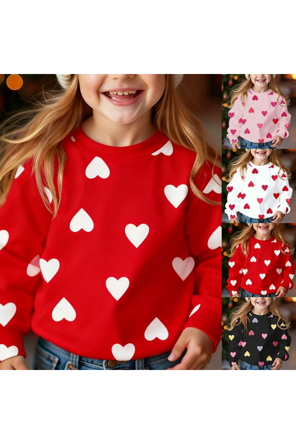Valentine's Day Sweatshirts for Girls Cute Fleece Lined Crewneck Sweatshirts Pullover Tops Size 1T-13, Red