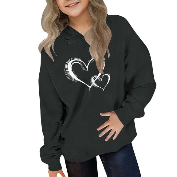 ATOGUTA Valentine's Day Sweatshirts for Girls Hooded Heart Sweatshirt Fall Winter Kid Long Sleeve Shirt Pullover Top Size 3T-14, Black