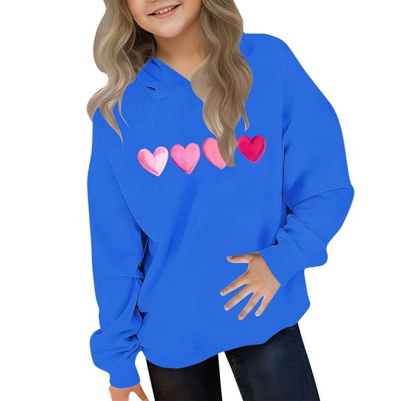 ATOGUTA Valentines Day Sweatshirts for Girls Hooded Heart Sweatshirt Fall Winter Kid Long Sleeve Shirt Pullover Top Size 3T-14, Blue