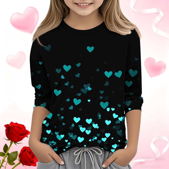ATOGUTA Valentines T Shirt Girl Kids Heart Printed Valentine's Festival Outfit 3/4 Sleeve VDAY Tops Size 3T-12, Blue