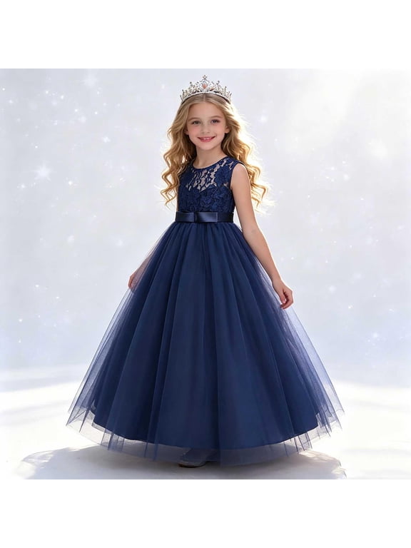 Wedding Dresses for Girls Guest Navy Sleeveless Tulle Long Formal Wedding Pageant Party Fancy Princess Ball Gown Dresses 5T-15