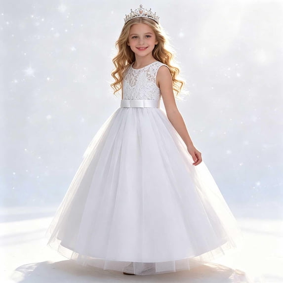 ATOGUTA Wedding Dresses for Girls Guest White Sleeveless Tulle Long Formal Wedding Pageant Party Fancy Princess Ball Gown Dresses 5T-15