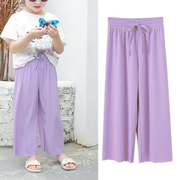 ATOGUTA Wide Leg Pants Girls Flowy Lounge Pants for Kids Elastic High Waisted Casual Loose Trousers Kids Clothes Purple, Size 2-14 Years