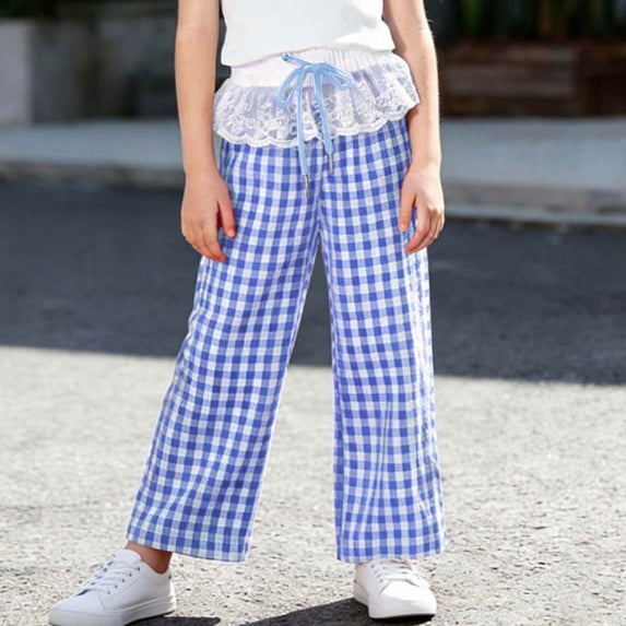 ATOGUTA Wide Leg Pants for Girls Wide Leg School Uniform Pants Kids Elastic Waist Flowy Summer Beach Lounge Trousers with Pockets Size 1T-11, Light Blue