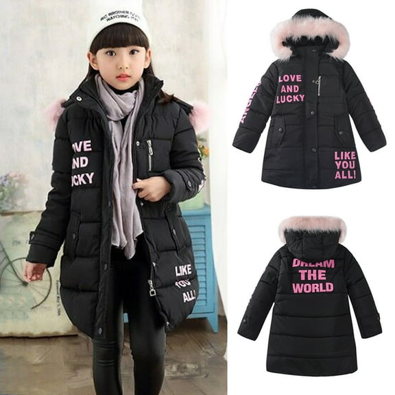 ATOGUTA Winter Coats for Girls Letter Cute Thick Hooded Zipper Jacket Coat Clothes Black, Size 4T-14