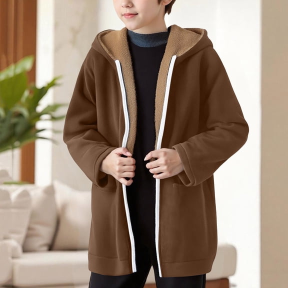 ATOGUTA Winter Jackets For Boys Kids Zip Up Hooded Coat Fall Winter Outerwear with Pockets Size 5T-14, Brown