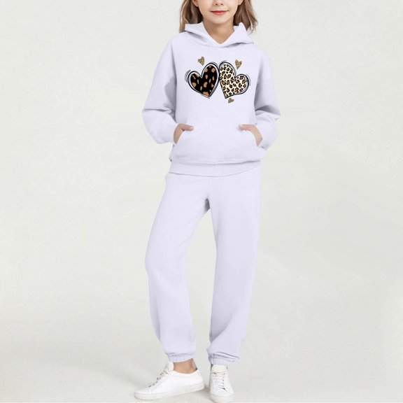 ATOGUTA Winter Outfits for Girls Tracksuit Drop Shoulder Hoodie Sweatshirt and Sweatpants Joggers Set with Pockets Size 2T-14, White