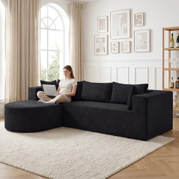 105" Modern Sectional Sofa with Left Chaise, Black Corduroy Boneless Couch with Deep Seating, No Assembly Required, L-Shape Comfy Living Room Couch