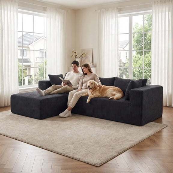 105" Modern Sectional Sofa with Left Chaise, L-Shape Black Corduroy Boneless Cloud Couch with Deep Seat, No Assembly Required