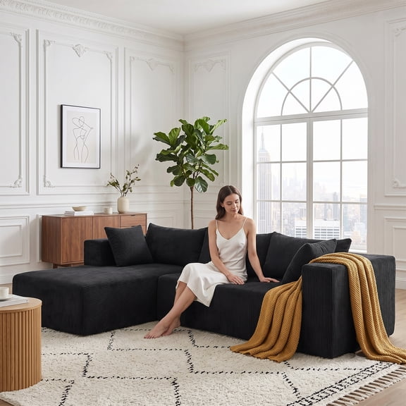 105" Modern Sectional Sofa with Left Chaise, L-Shape Black Corduroy Boneless Cloud Couch with Deep Seat, No Assembly Required