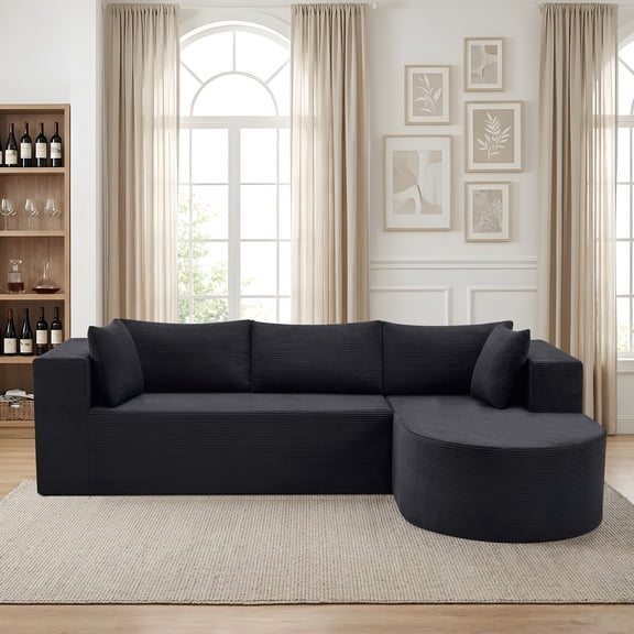 105" Modern Sectional Sofa with Right Chaise, Black Corduroy Boneless Couch with Deep Seating, No Assembly Required, L-Shape Comfy Living Room Couch