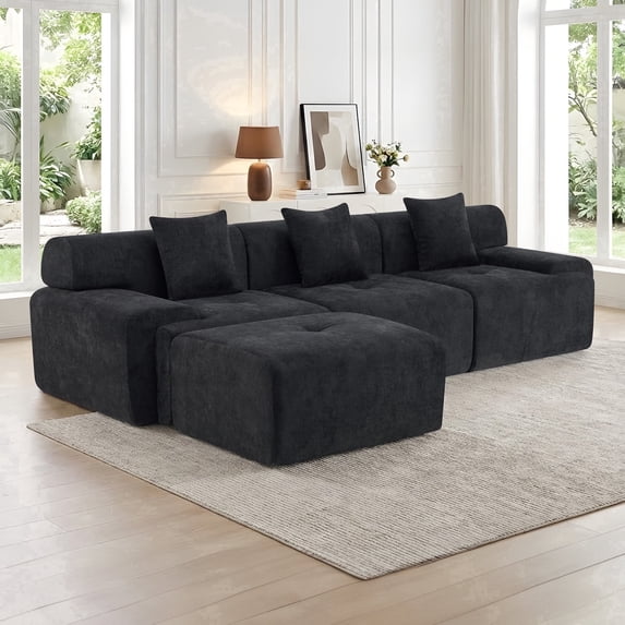 118" Boneless Sectional with Ottoman, 3-Seater Chenille Frameless Couch, Modern L-Shaped Modular Sofa for Living Room, No Assembly Required, Black