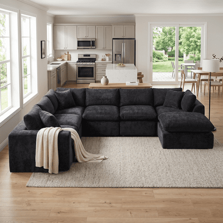 138" Oversized Modular Sectional Sofa with Movable Ottoman, 7 Seater Chenille Boneless Cloud Couch for Living Room, No Assembly Required