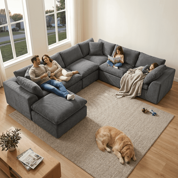 138" Oversized Modular Sectional Sofa with Movable Ottoman, 7 Seater Corduroy Boneless Cloud Couch for Living Room, No Assembly Required, Dark Gray
