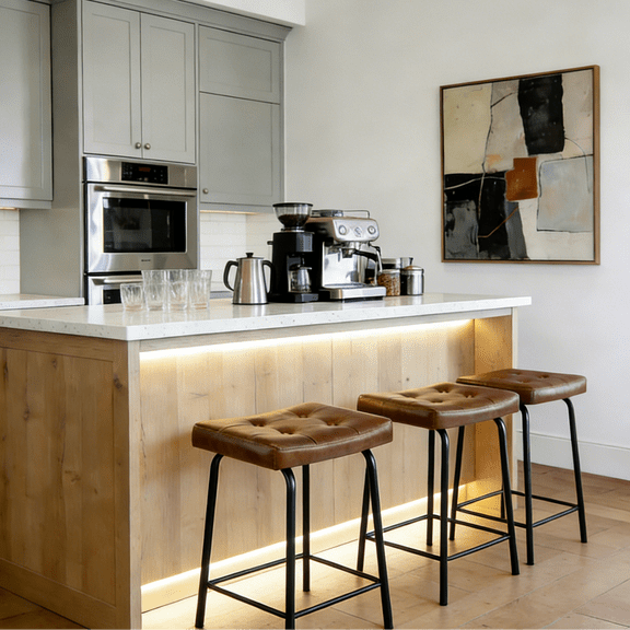 25" Saddle Counter Stools Set of 3, Tufted Faux Leather Counter Height Bar Stools with Metal Legs for Kitchen Island, Yellow Brown