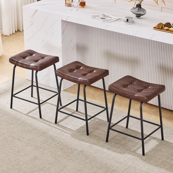 ATOMSPACE 25" Saddle Counter Stools Set of 3, Tufted Faux Leather Counter Height Bar Stools with Metal Legs for Kitchen Island, Waterproof & Modern, Dark Brown