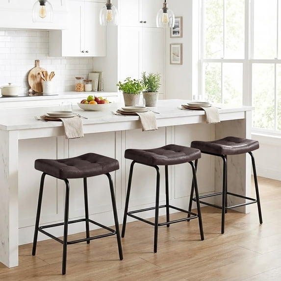 25" Saddle Counter Stools Set of 3, Tufted Faux Leather Counter Height Bar Stools with Metal Legs for Kitchen Island, Black Brown
