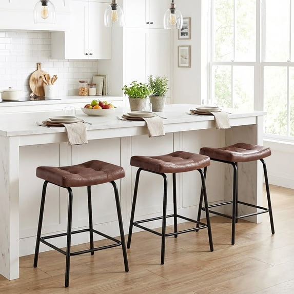 25" Saddle Counter Stools Set of 3, Tufted Faux Leather Counter Height Bar Stools with Metal Legs for Kitchen Island, Dark Brown