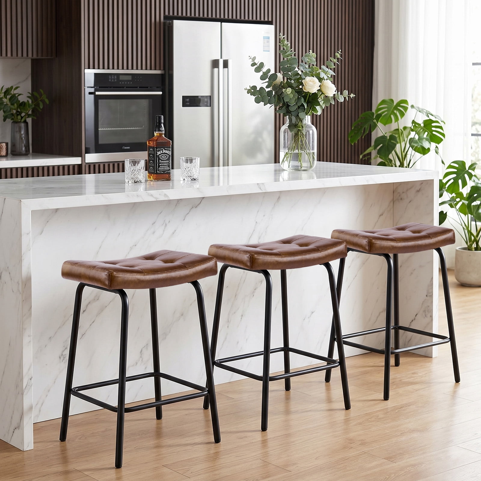 25" Saddle Counter Stools Set of 3, Tufted Faux Leather Counter Height Bar Stools with Metal Legs for Kitchen Island, Yellow Brown