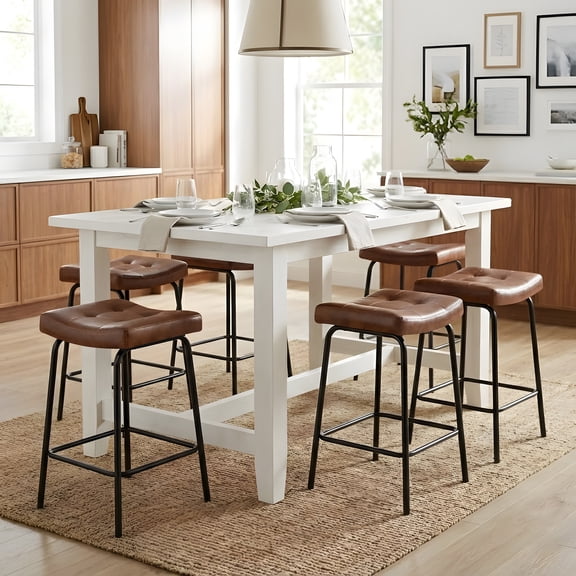 25" Saddle Counter Stools Set of 6, Tufted Faux Leather Counter Height Bar Stools with Metal Legs for Kitchen Island, Dark Brown