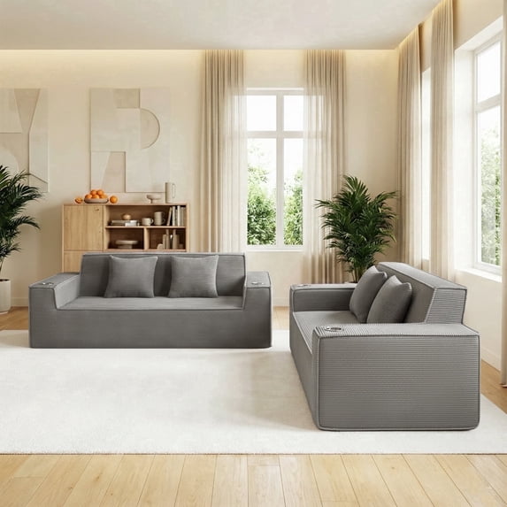 ATOMSPACE 76'' Large Corduroy Loveseats Set of 2, 3-Seater Boneless Cloud Sofas with Integrated Cup Holders, No Assembly Compression Couch, Ideal for Small Spaces, Gray