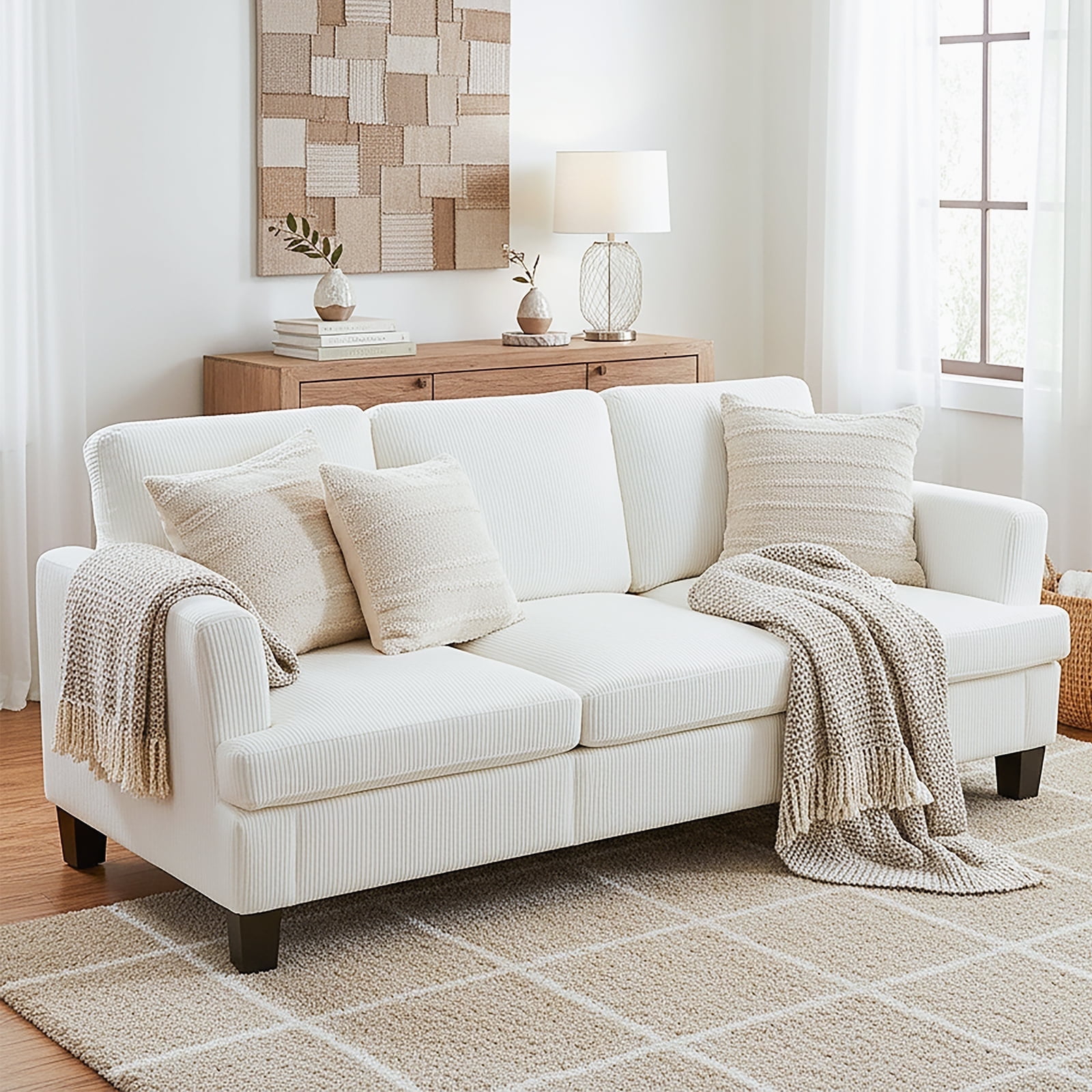 3 Seater Sofa, 84"W Corduroy Sofa with Extra Deep Seats, Modern Comfy Couch for Living Room, White