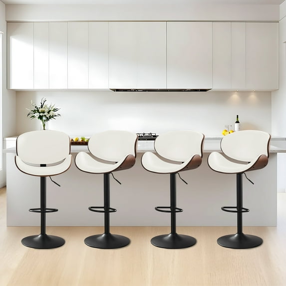 ATOMSPACE Bentwood Barstools Set of 4, Adjustable Swivel PU Leather Upholstered Bar Stools with Curved Back for Kitchen Island, Dining Room, White
