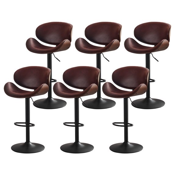 ATOMSPACE Bentwood Barstools Set of 6, Adjustable Swivel PU Leather Upholstered Bar Stools with Curved Back for Kitchen Island, Dining Room, Brown