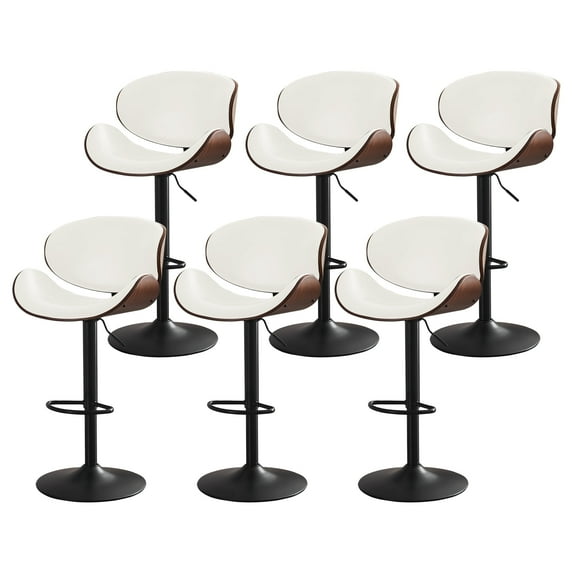 ATOMSPACE Bentwood Barstools Set of 6, Adjustable Swivel PU Leather Upholstered Bar Stools with Curved Back for Kitchen Island, Dining Room, White