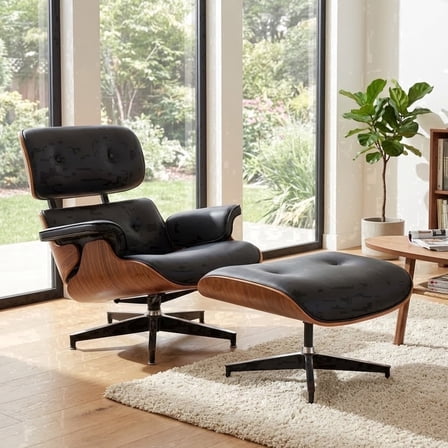 ATOMSPACE Mid-Century Modern Swivel Lounge Chair with Ottoman, Premium PU Leather Accent Chair for Living Room, Office & Bedroom, Black