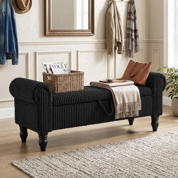 55''W Storage Bench for Bedroom End of Bed, Mid-Century Corduroy Upholstered Storage Bench with Rolled Armed