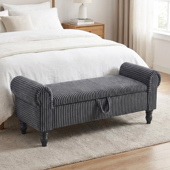ATOMSPACE 51.5''W Bedroom Storage Bench, Modern Corduroy Upholstered Bench with Rolled Arms for Entry way, Dark Gray