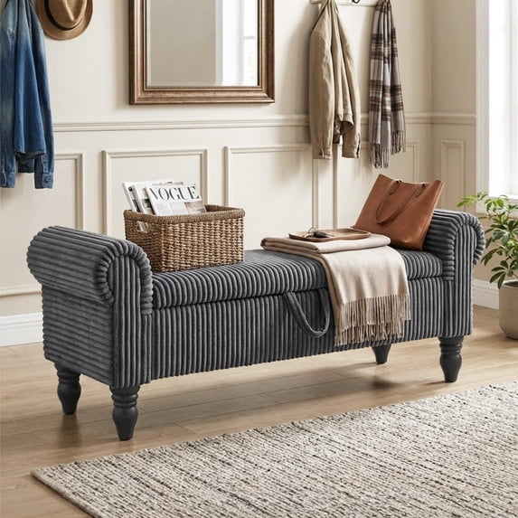 55''W Bedroom Storage Bench, Modern Corduroy Upholstered Bench with Rolled Arms for Entryway, Living Room, Dark Gray