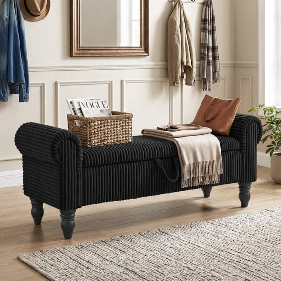 ATOMSPACE 51.5''W Bedroom Storage Bench, Modern Corduroy Upholstered Bench with Rolled Arms for Entry way, Black