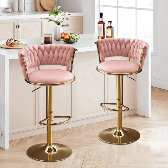 Swivel Velvet Bar Stools Set of 2, Adjustable Height Barstools with Woven Back and Footrest for Kitchen Island, Dining Room, Pink