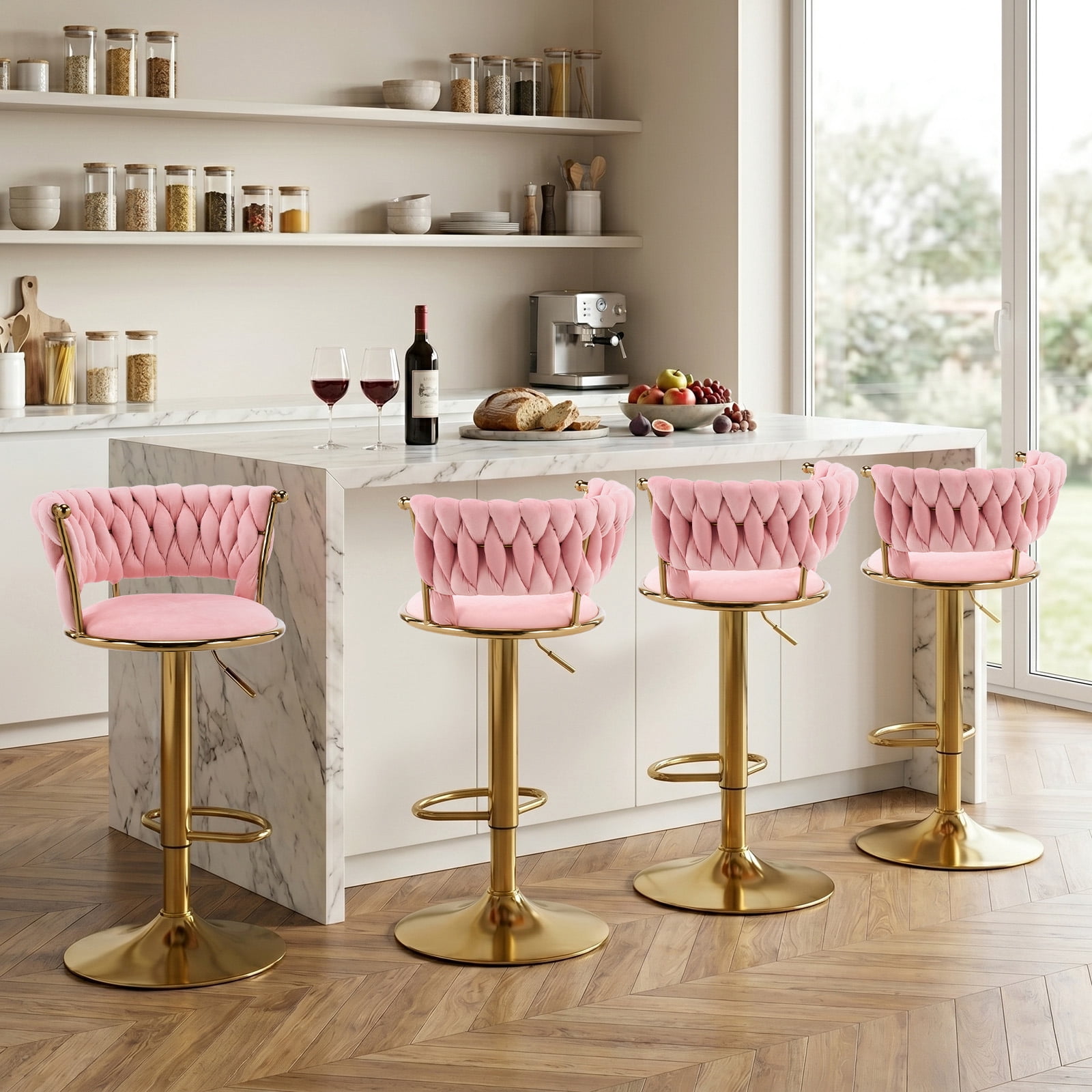 Velvet Swivel Bar Stools Set of 4, Adjustable Height Barstools with Woven Back and Footrest for Kitchen Island, Dining Room, Pink