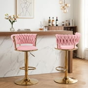 Swivel Velvet Bar Stools Set of 2, Adjustable Height Barstools with Woven Back and Footrest for Kitchen Island, Dining Room, Pink