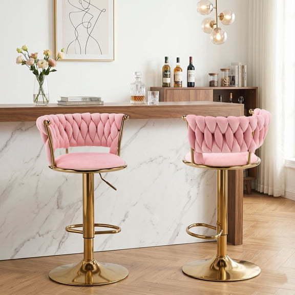 Swivel Velvet Bar Stools Set of 2, Adjustable Height Barstools with Woven Back and Footrest for Kitchen Island, Dining Room, Pink
