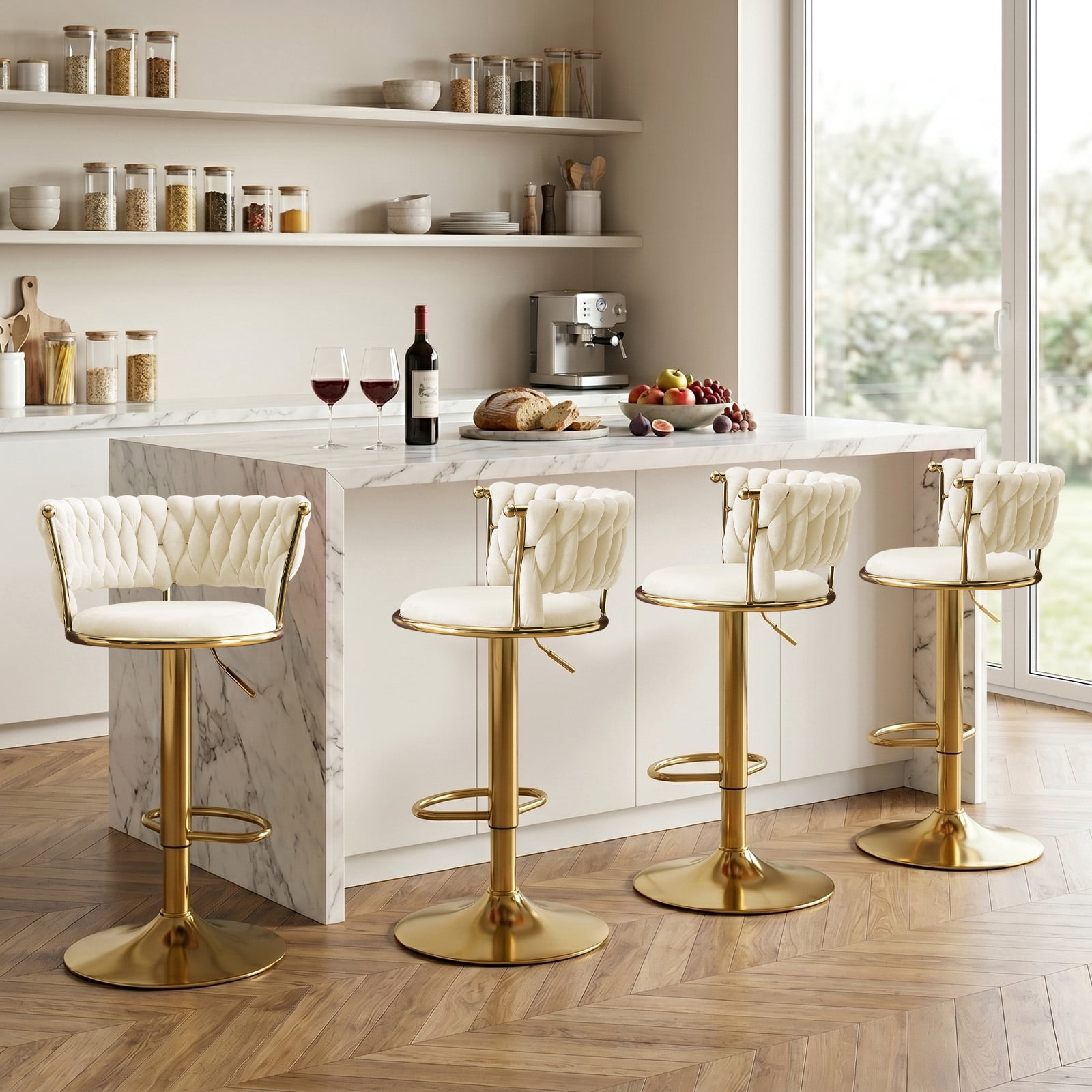 Velvet Swivel Bar Stools Set of 4, Adjustable Height Barstools with Woven Back and Footrest for Kitchen Island, Dining Room, Beige