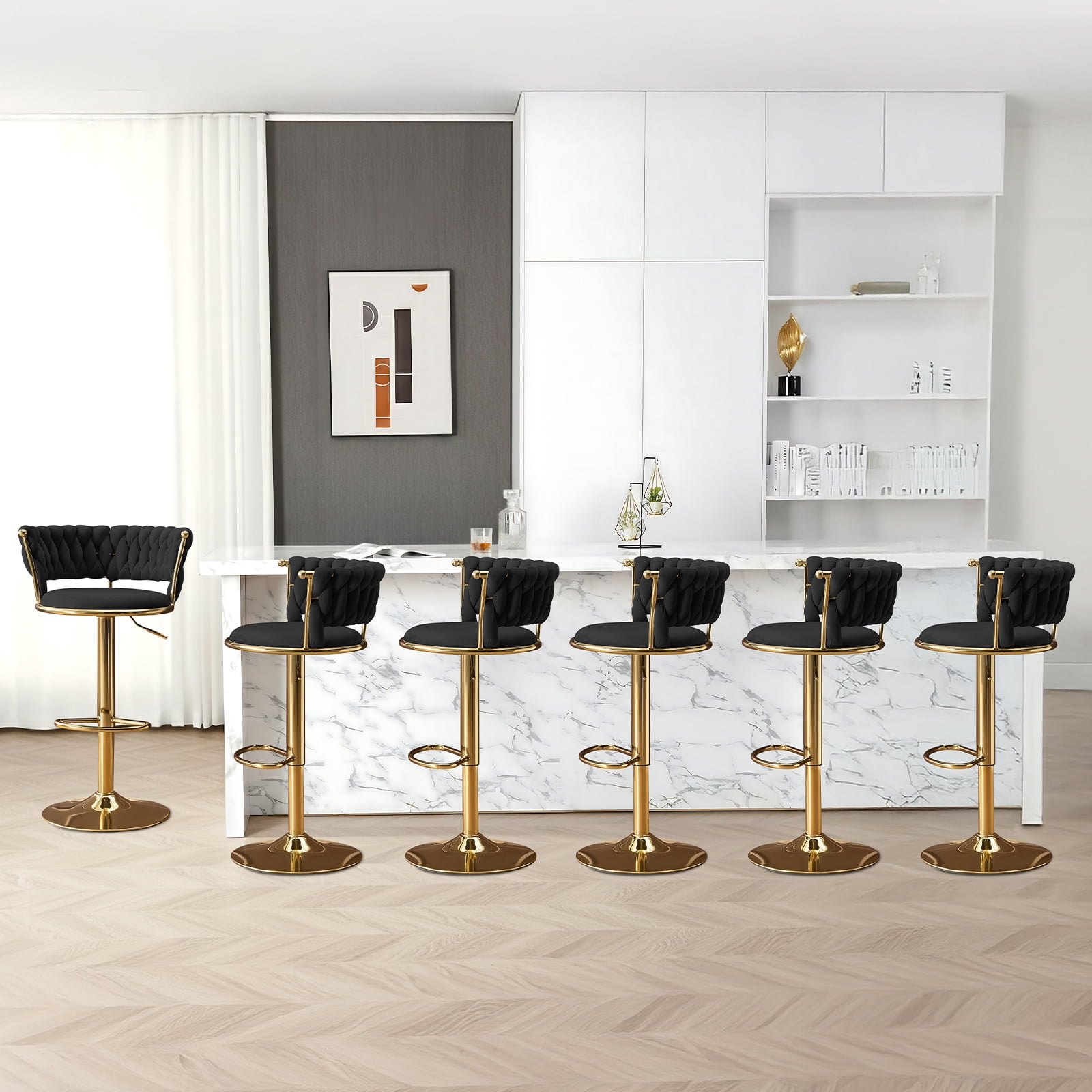 Velvet Swivel Bar Stools Set of 6, Adjustable Height Barstools with Woven Back and Footrest for Kitchen Island, Dining Room, Black