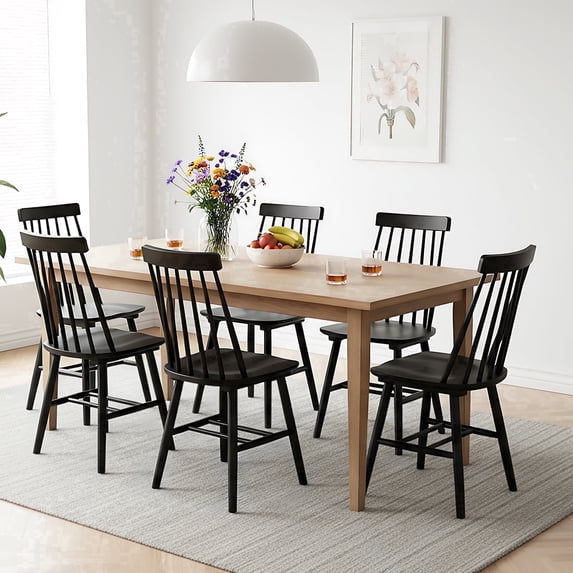 17.5''W Farmhouse Dining Chairs Set of 6, 7-Spindle Windsor Solid Wood Chair for Kitchen & Dining Room, Black