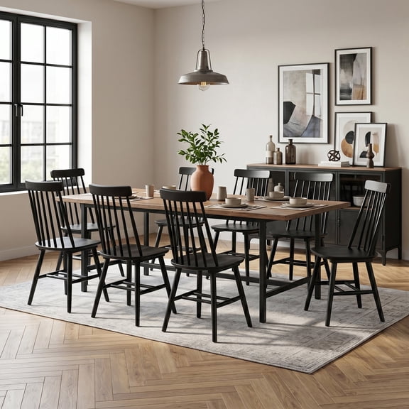 Windsor Dining Chairs Set of 8, Solid Wood Spindle Back Kitchen Side Chairs, Modern Farmhouse Armless Wooden Seating, Black