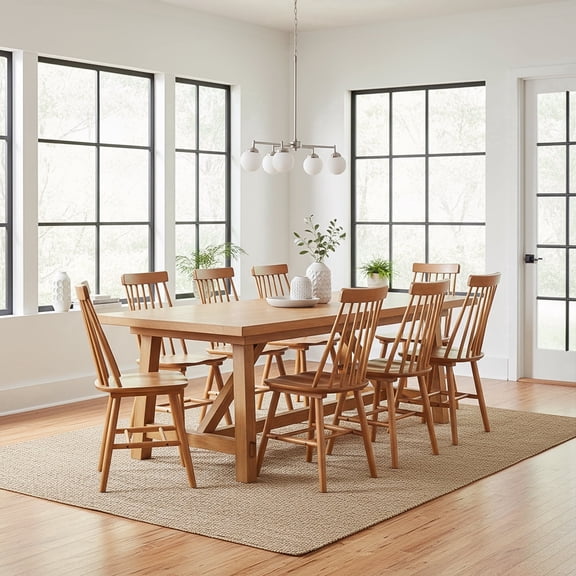 Farmhouse Windsor Dining Chairs Set of 8, Solid Wood 7-Spindle Chair for Kitchen & Dining Room, Walnut